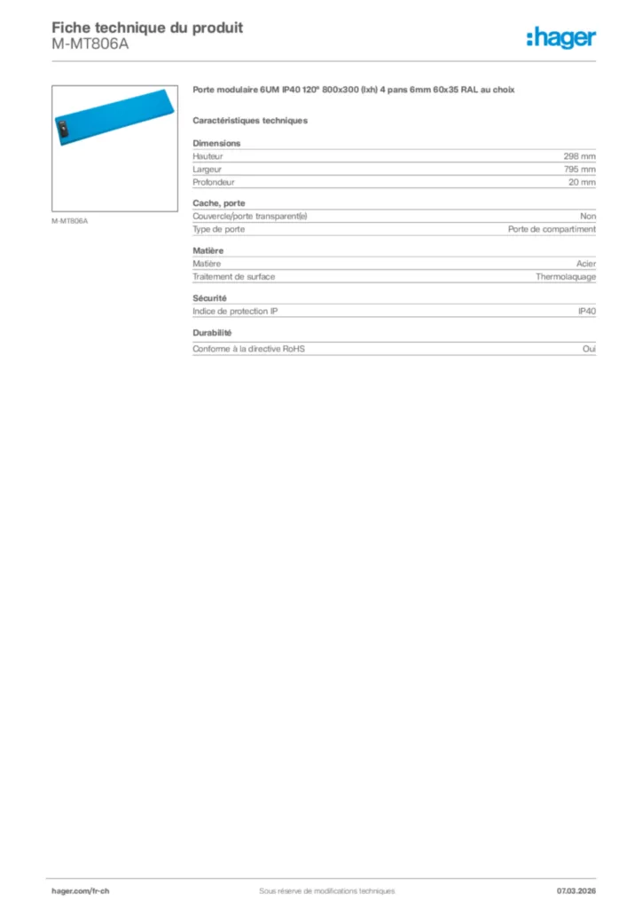 Image Hager Fiche technique du produit M-MT806A | Hager Suisse