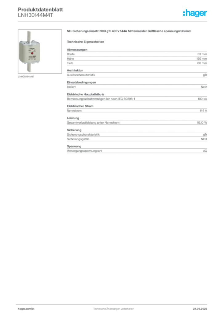 Bild Hager Produktdatenblatt LNH30144M4T | Hager Deutschland