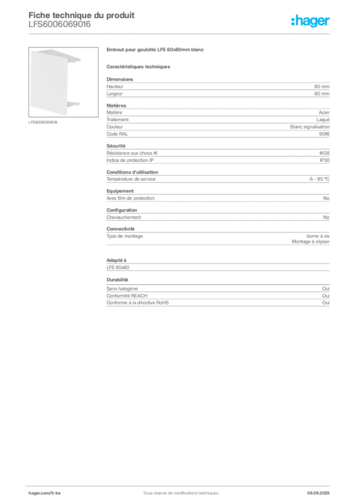 Image Hager Fiche technique du produit LFS6006069016 | Hager Belgique
