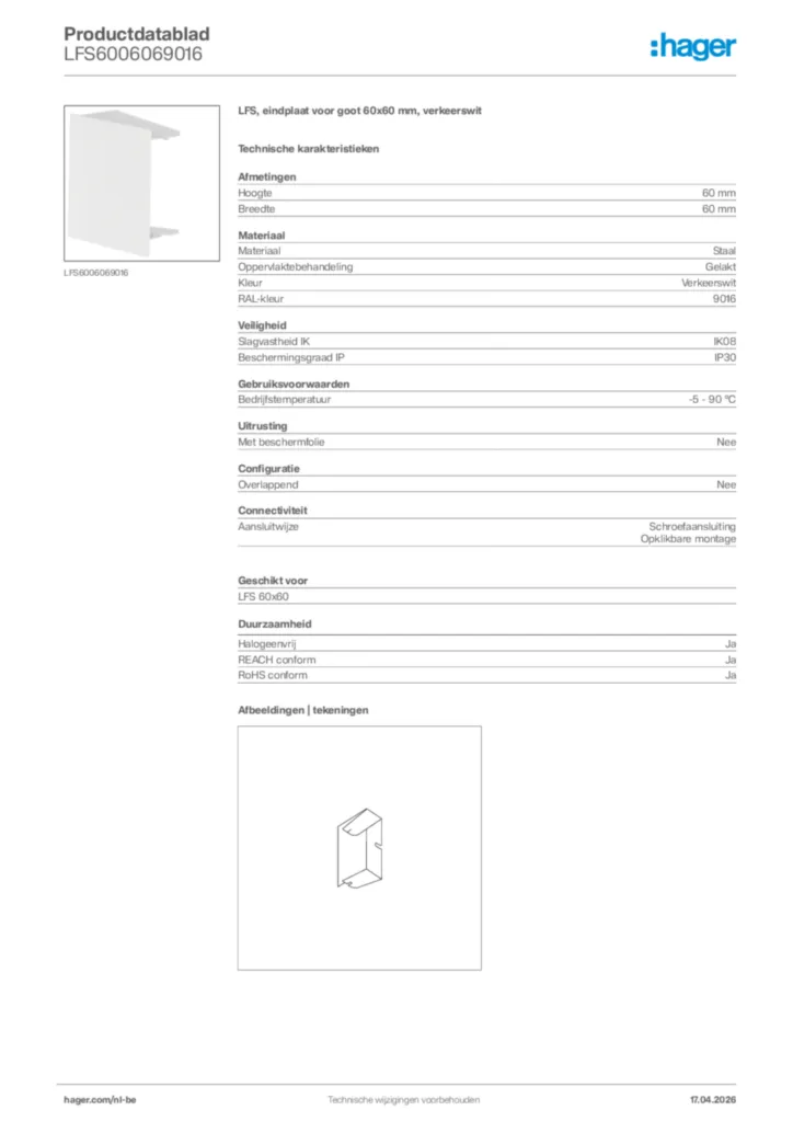 Afbeelding Hager Productdatablad LFS6006069016 | Hager Belgium