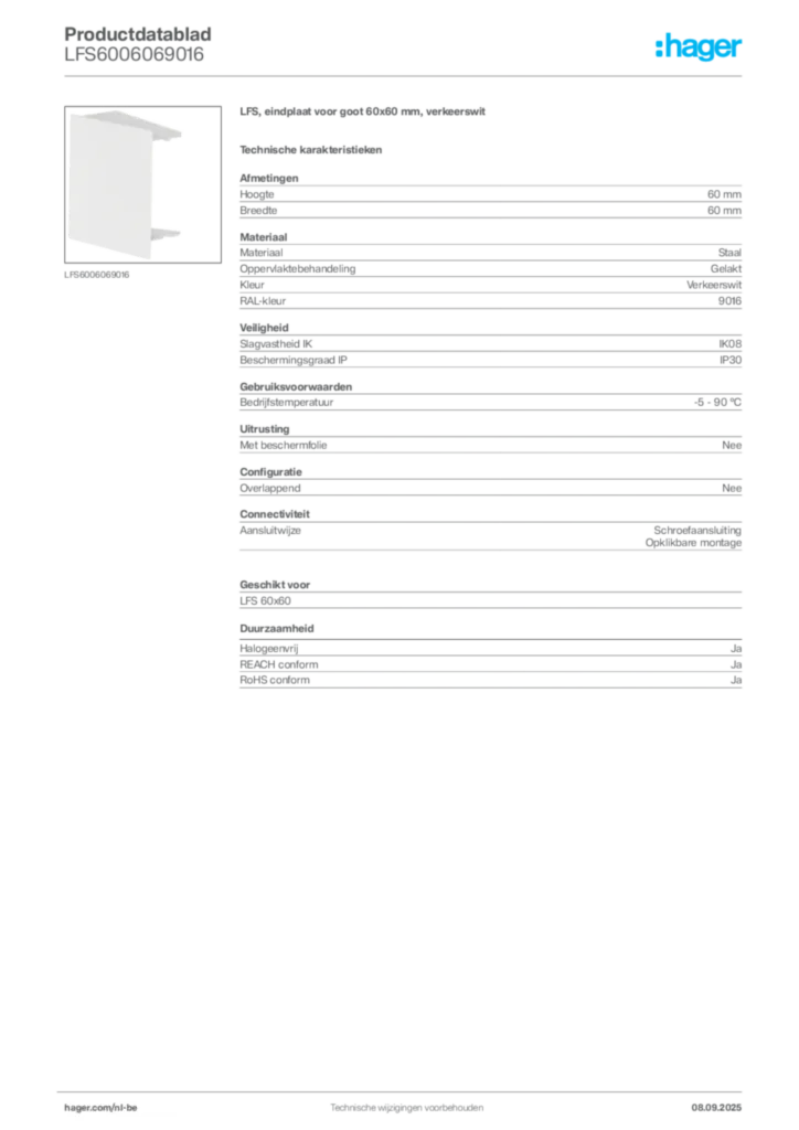 Afbeelding Hager Productdatablad LFS6006069016 | Hager Belgium