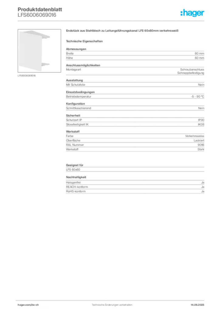 Bild Hager Produktdatenblatt LFS6006069016 | Hager Schweiz