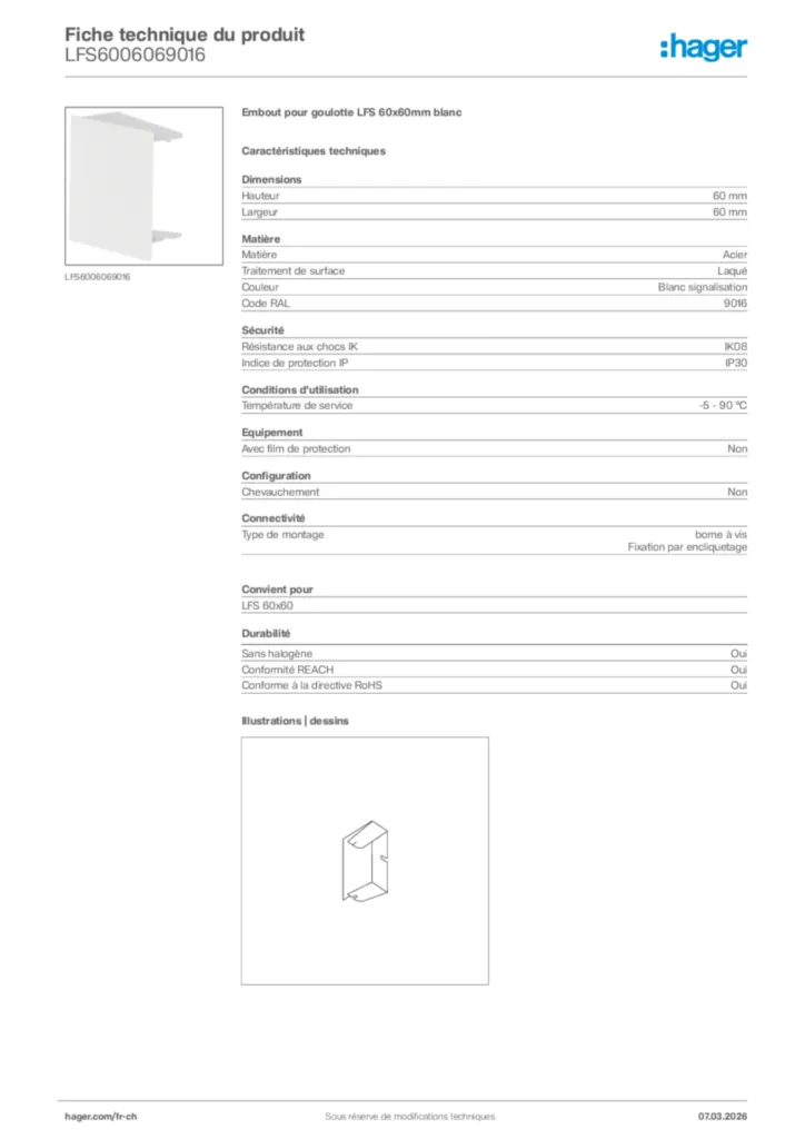 Image Hager Fiche technique du produit LFS6006069016 | Hager Suisse