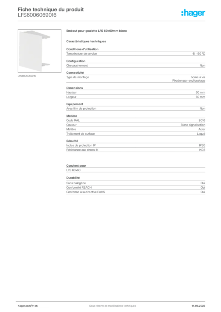 Image Hager Fiche technique du produit LFS6006069016 | Hager Suisse