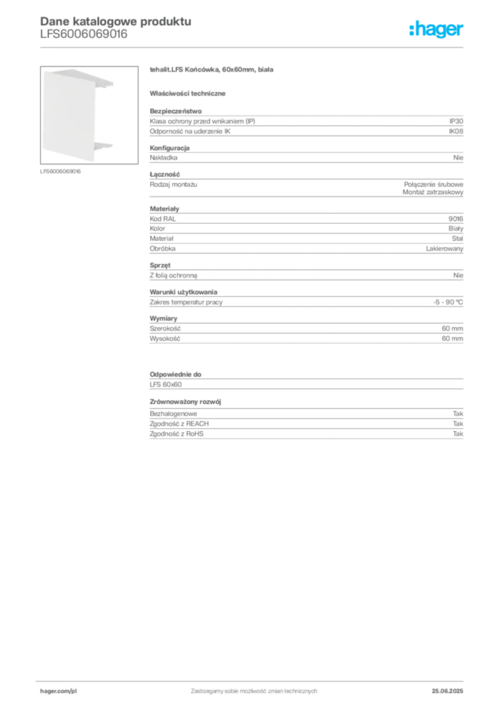 Zdjęcie Hager Karta katalogowa LFS6006069016 | Hager Polska