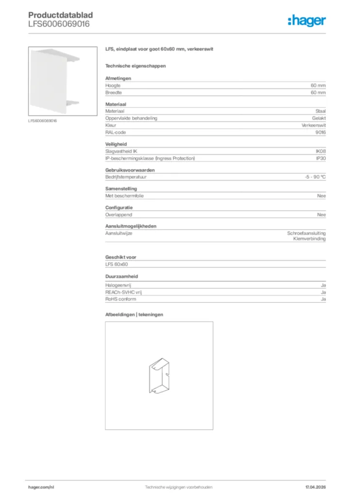 Afbeelding Hager Productdatablad LFS6006069016 | Hager Nederland