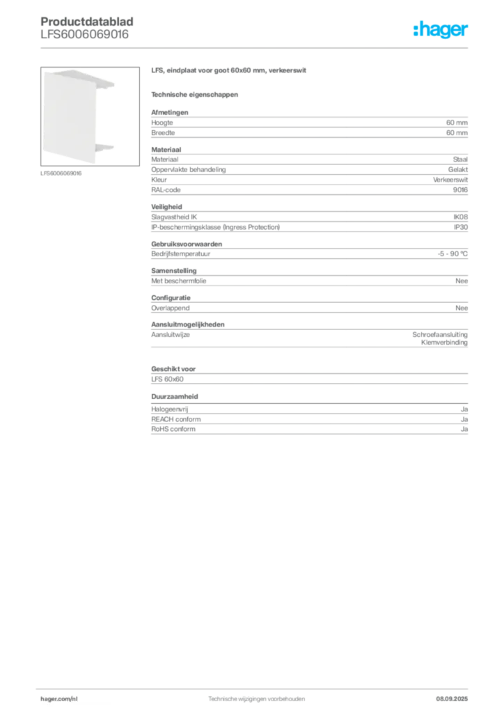 Afbeelding Hager Productdatablad LFS6006069016 | Hager Nederland