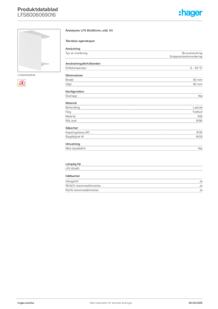 Bild Hager Produktdatablad LFS6006069016 | Hager Sverige