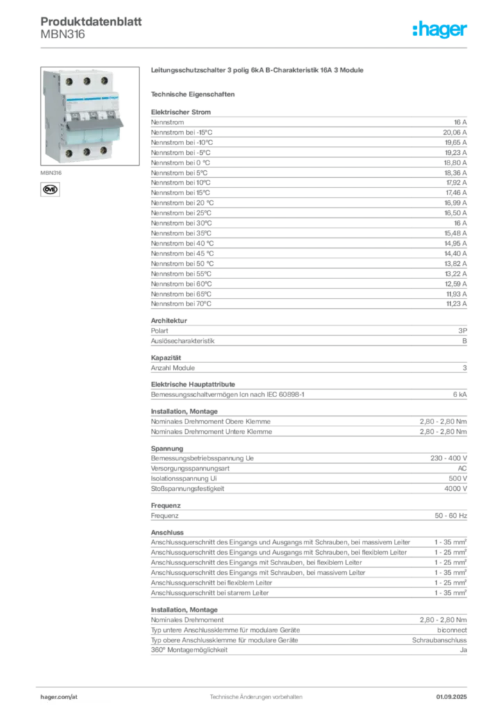 Bild Hager Produktdatenblatt MBN316 | Hager Deutschland