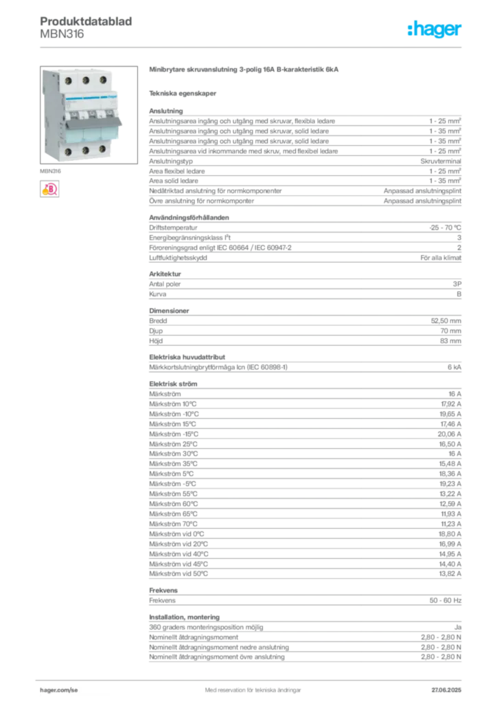 Bild Hager Produktdatablad MBN316 | Hager Sverige