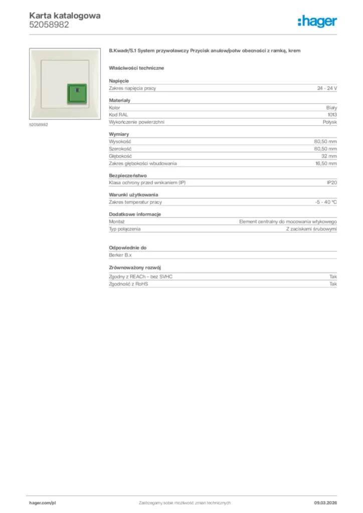 Zdjęcie Hager Karta katalogowa 52058982 | Hager Polska