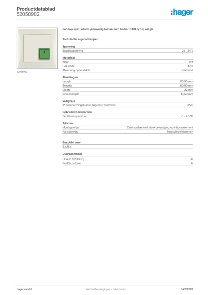 Afbeelding Hager Productdatablad 52058982 | Hager Nederland