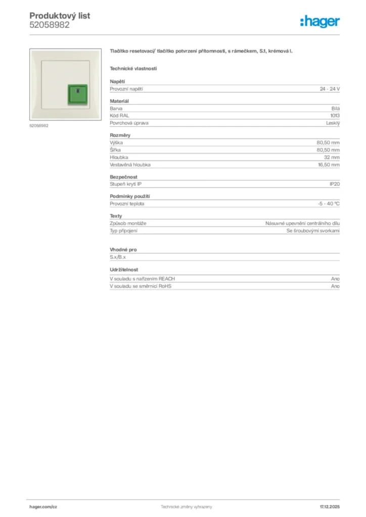 Obrázek Hager Produktový list 52058982 | Hager