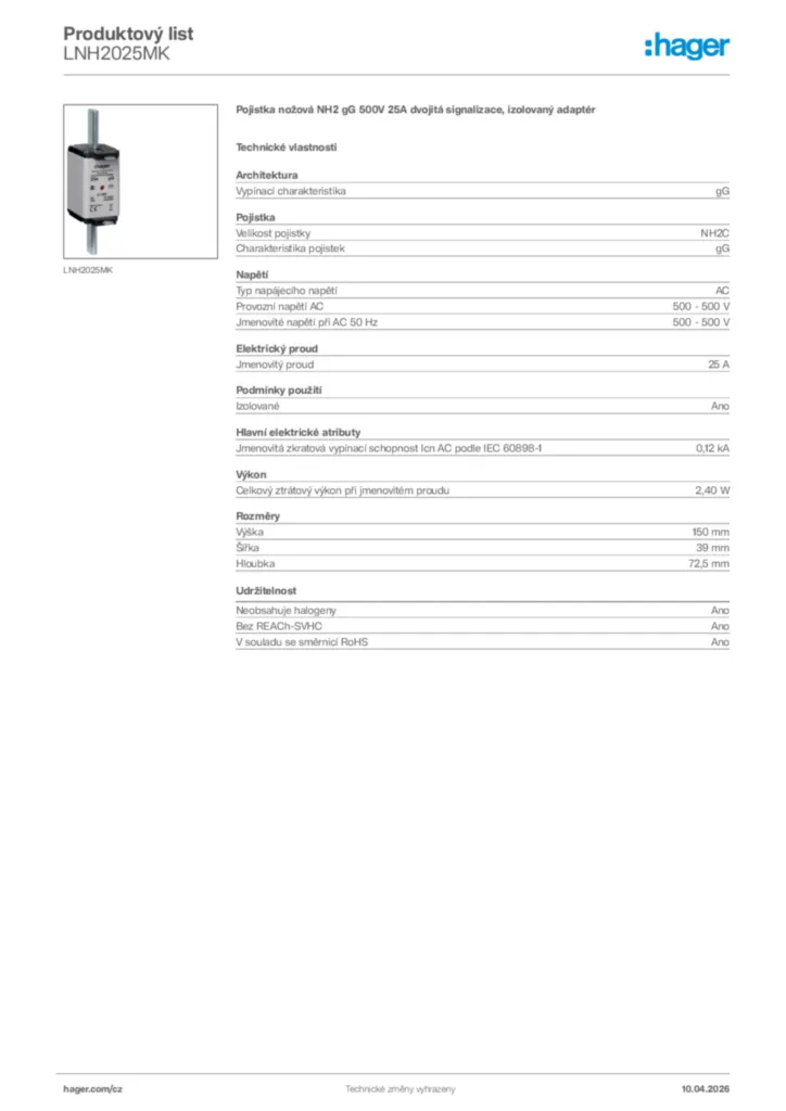 Obrázek Hager Product data sheet LNH2025MK | Hager