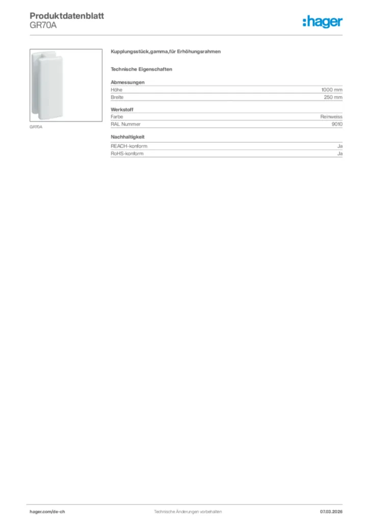 Bild Hager Produktdatenblatt GR70A | Hager Schweiz