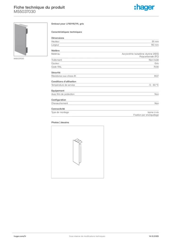 Image Hager Fiche technique du produit M55037030 | Hager France