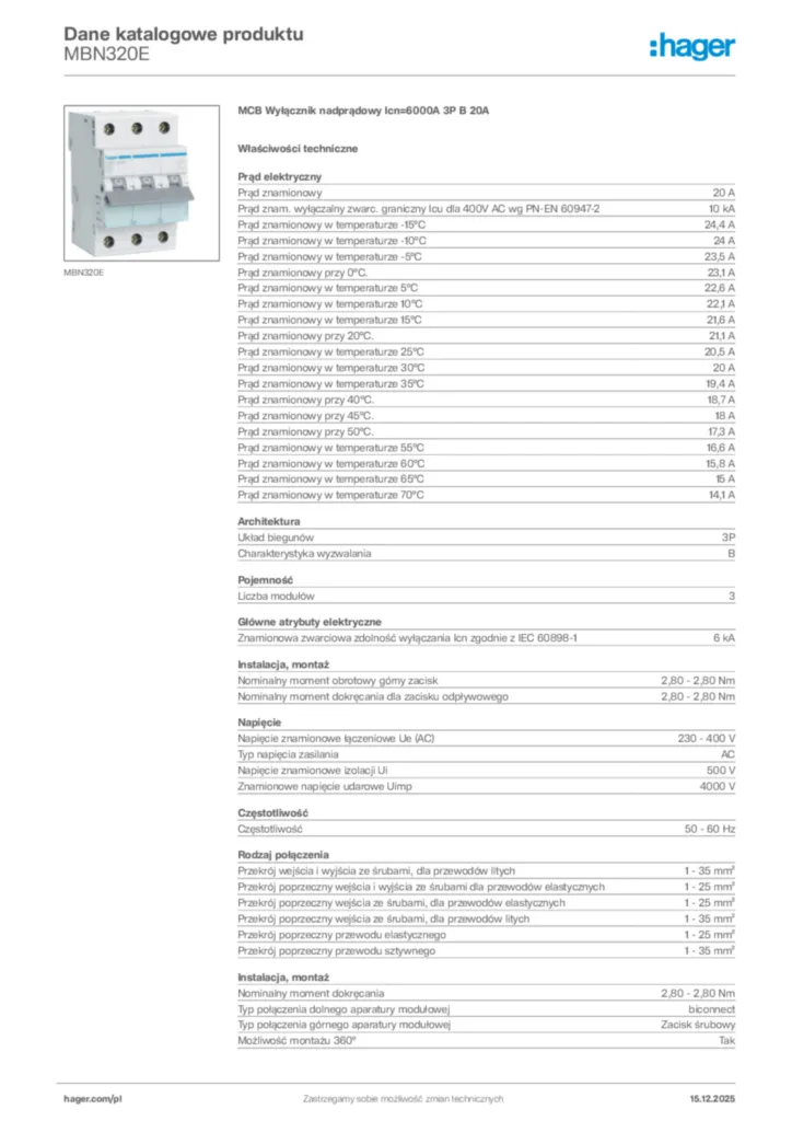 Zdjęcie Hager Karta katalogowa MBN320E | Hager Polska