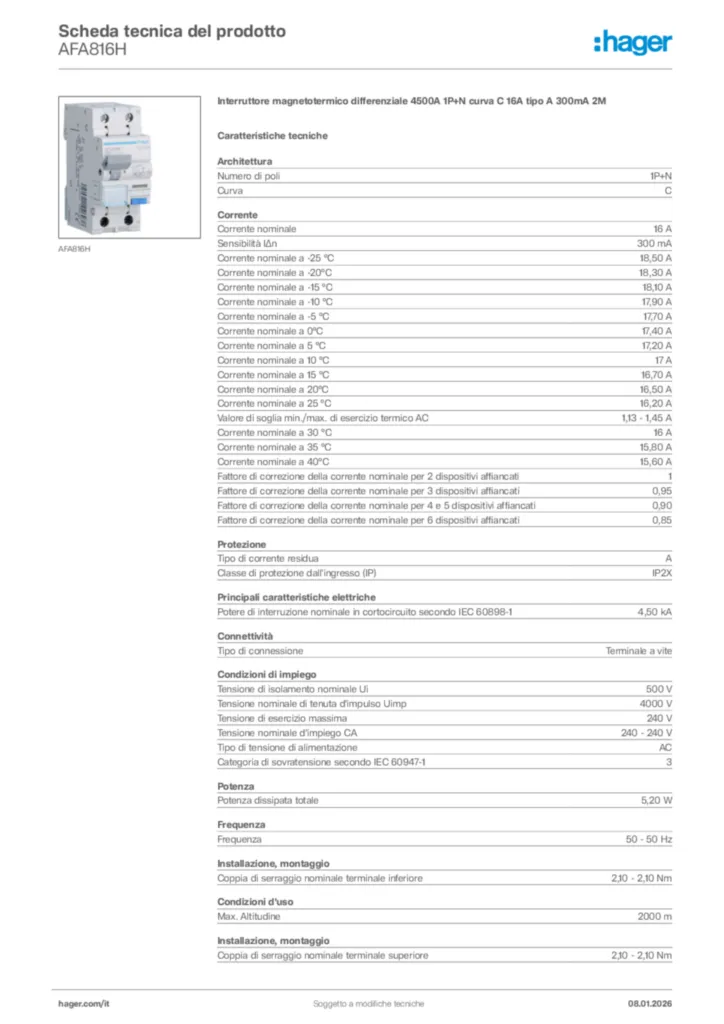 Immagine Hager Scheda tecnica del prodotto AFA816H | Hager Italia