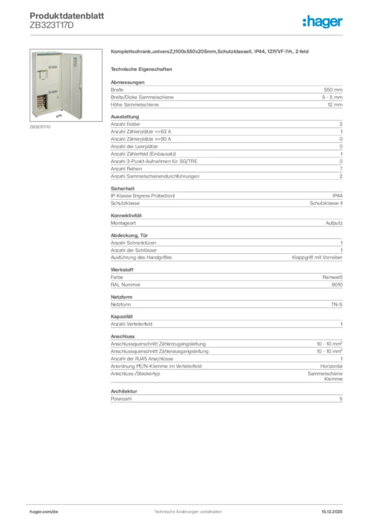 Bild Hager Produktdatenblatt ZB323T17D | Hager Deutschland