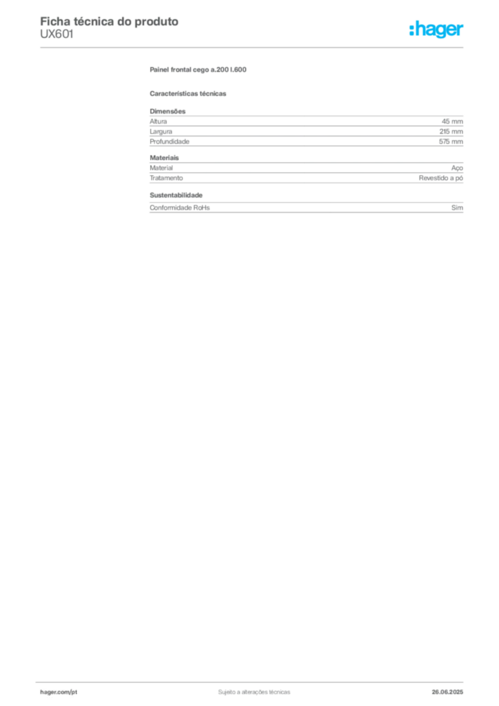 Imagem Hager Ficha técnica do produto UX601 | Hager Portugal
