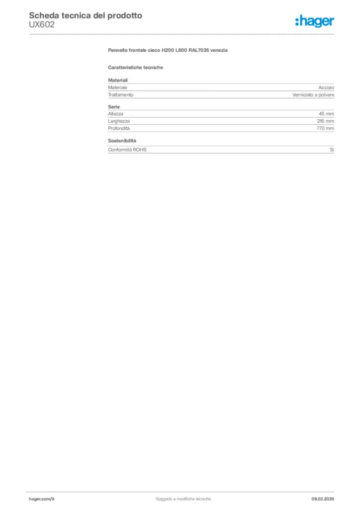 Immagine Hager Scheda tecnica del prodotto UX602 | Hager Italia