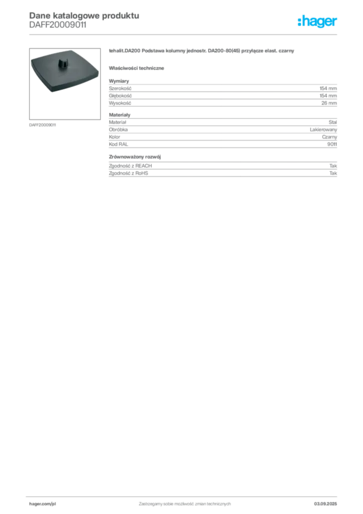 Zdjęcie Hager Karta katalogowa DAFF20009011 | Hager Polska