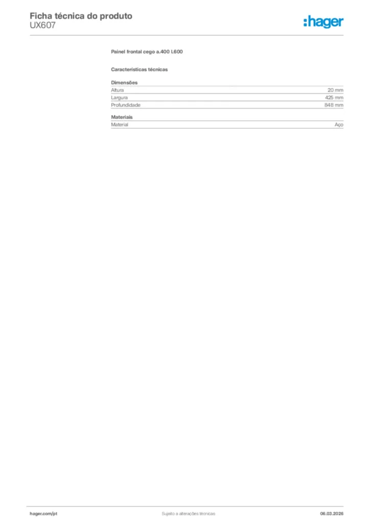 Imagem Hager Ficha técnica do produto UX607 | Hager Portugal