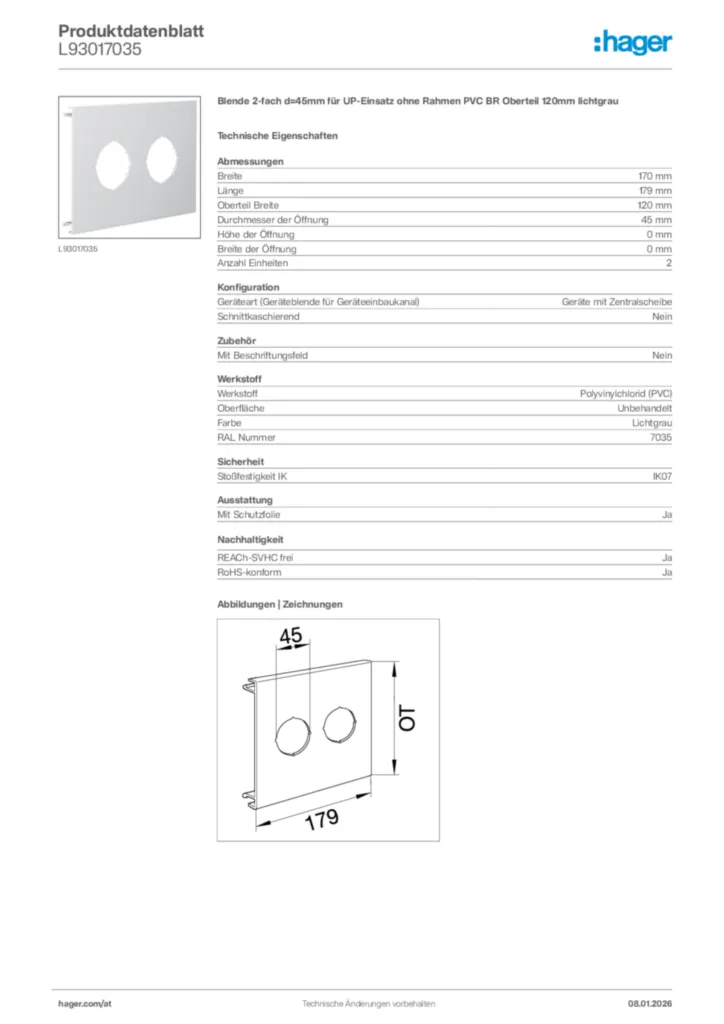 Bild Hager Produktdatenblatt L93017035 | Hager Deutschland