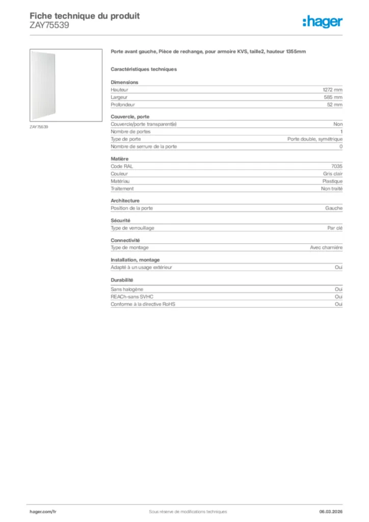 Image Hager Fiche technique du produit ZAY75539 | Hager France