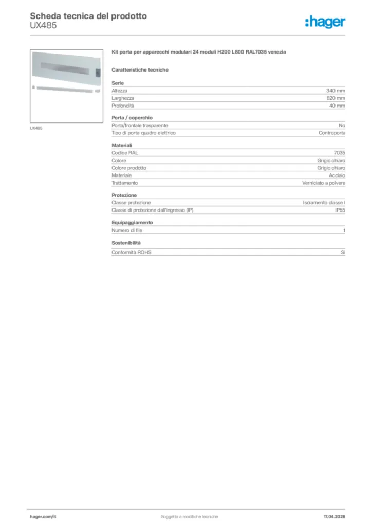 Immagine Hager Scheda tecnica del prodotto UX485 | Hager Italia