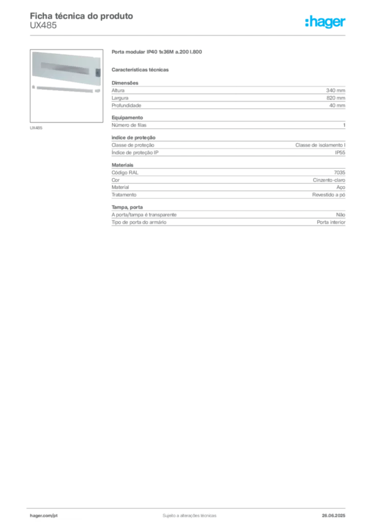 Imagem Hager Ficha técnica do produto UX485 | Hager Portugal