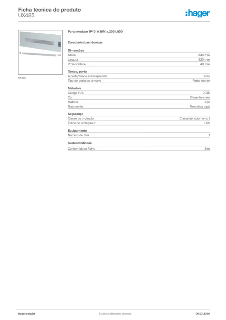 Imagem Hager Ficha técnica do produto UX485 | Hager Portugal