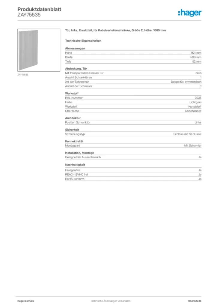 Bild Hager Produktdatenblatt ZAY75535 | Hager Deutschland