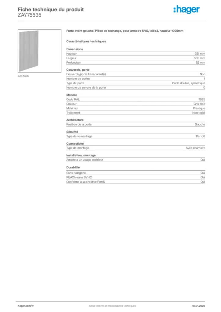 Image Hager Fiche technique du produit ZAY75535 | Hager France
