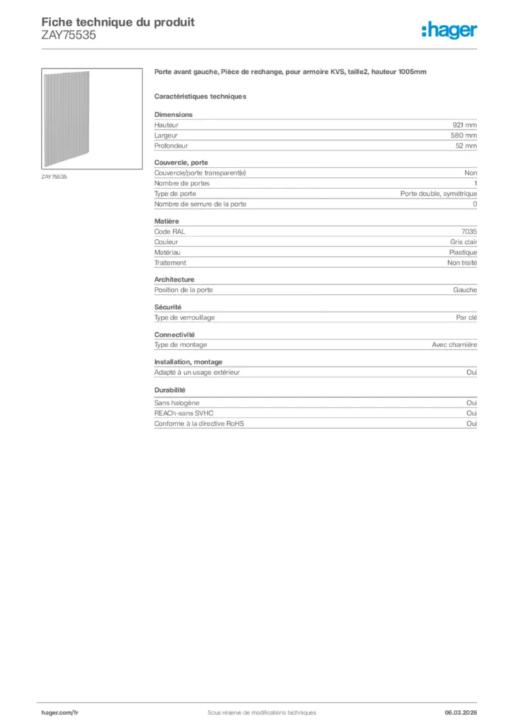 Image Hager Fiche technique du produit ZAY75535 | Hager France
