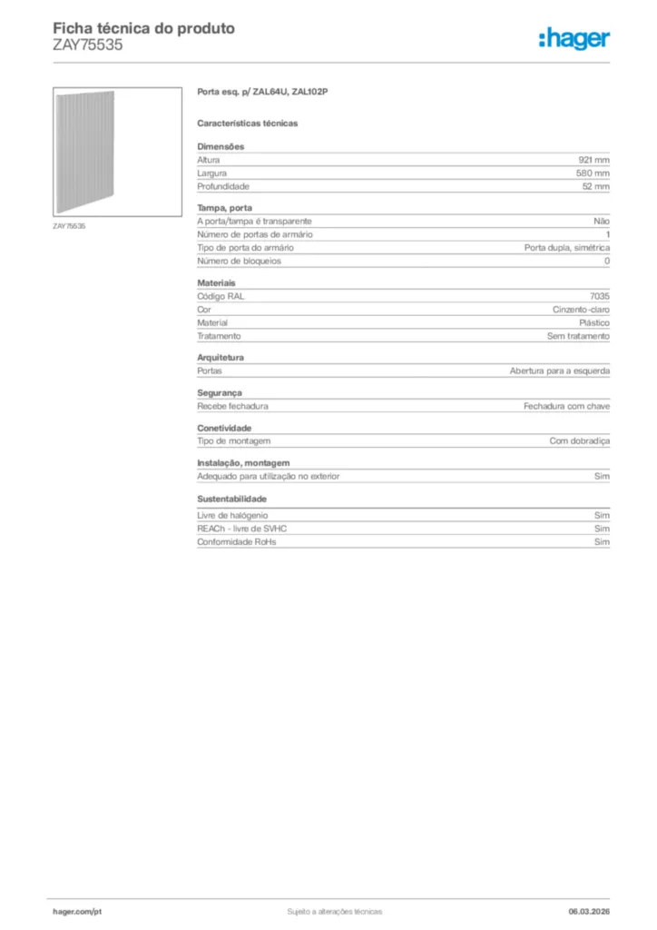 Imagem Hager Ficha técnica do produto ZAY75535 | Hager Portugal