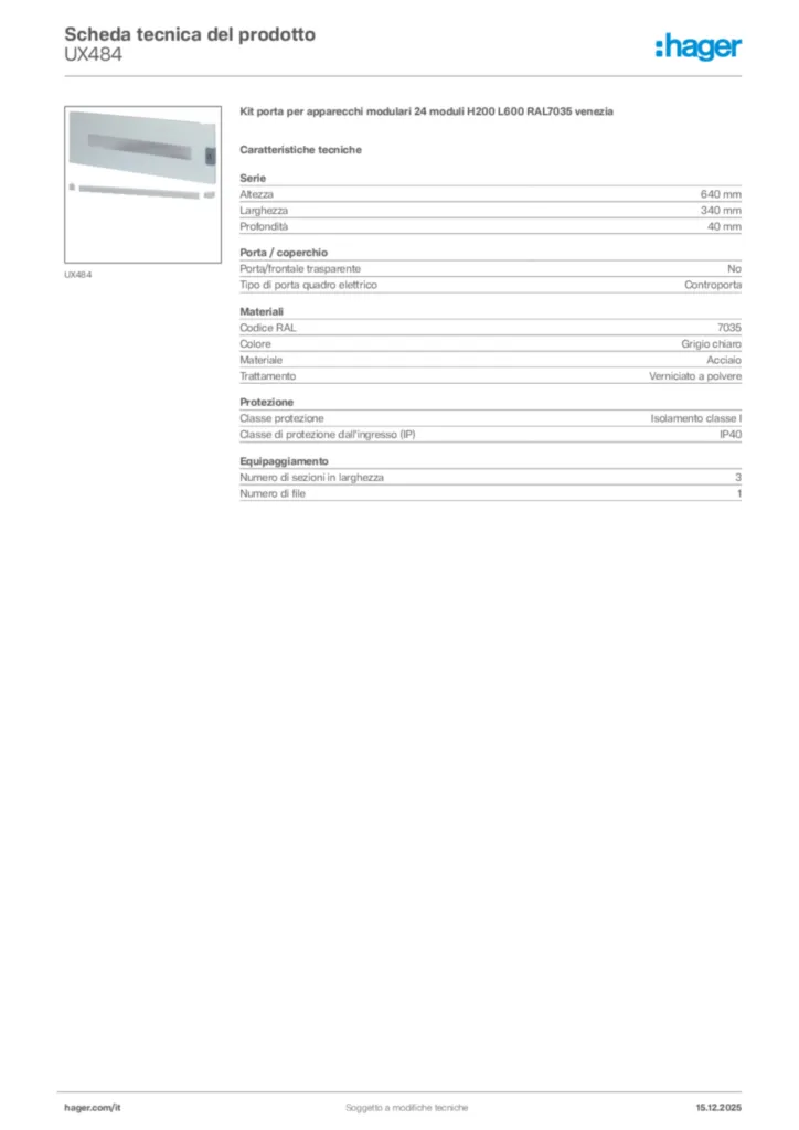 Immagine Hager Scheda tecnica del prodotto UX484 | Hager Italia