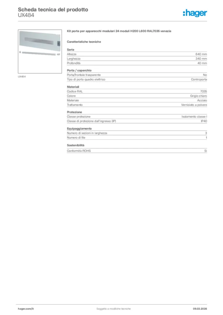 Immagine Hager Scheda tecnica del prodotto UX484 | Hager Italia