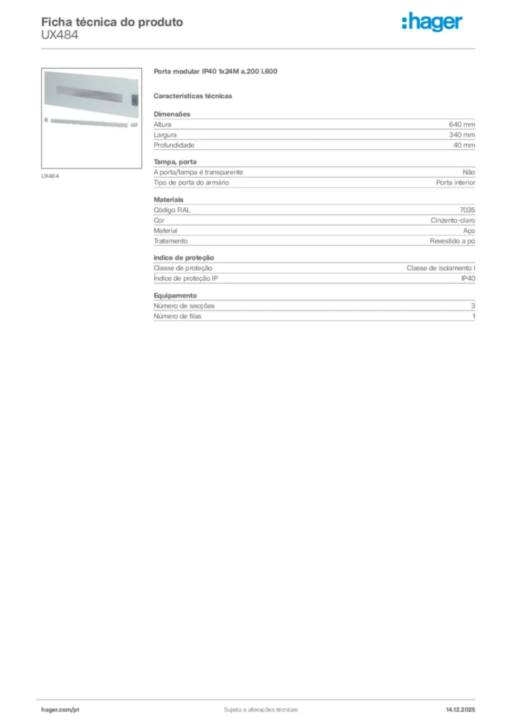 Imagem Hager Ficha técnica do produto UX484 | Hager Portugal