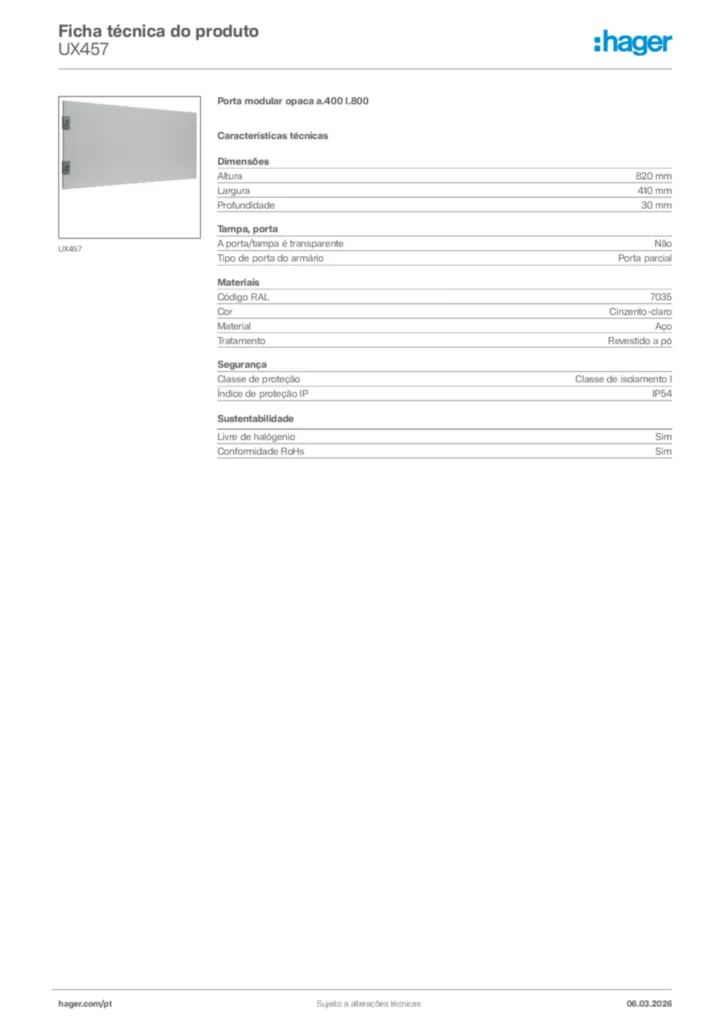 Imagem Hager Ficha técnica do produto UX457 | Hager Portugal