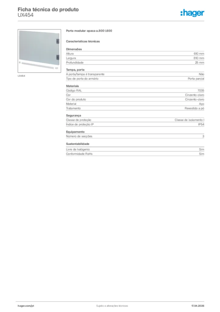 Imagem Hager Ficha técnica do produto UX454 | Hager Portugal