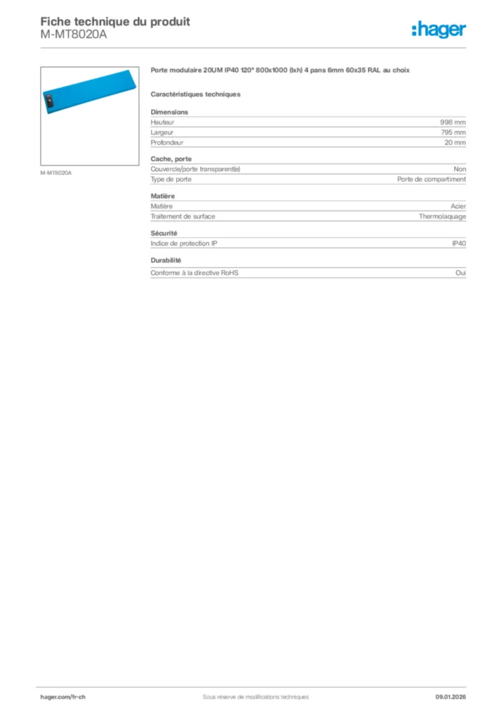 Image Hager Fiche technique du produit M-MT8020A | Hager Suisse