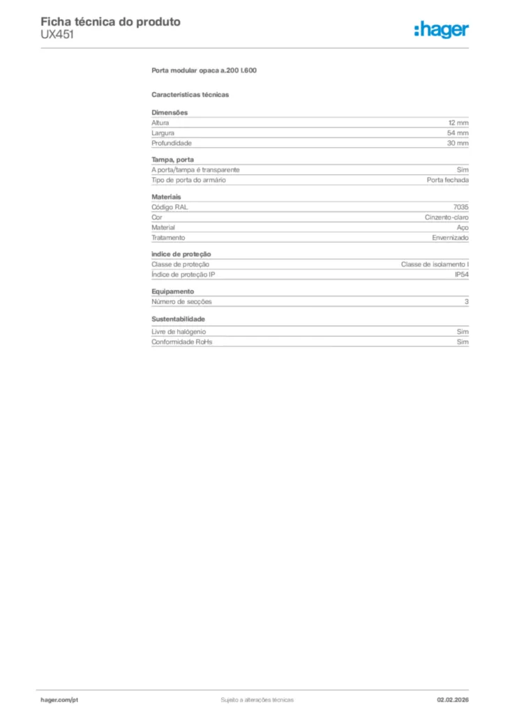 Imagem Hager Ficha técnica do produto UX451 | Hager Portugal