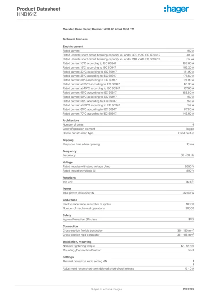 Image Hager Product data sheet HNB161Z  | Hager Africa
