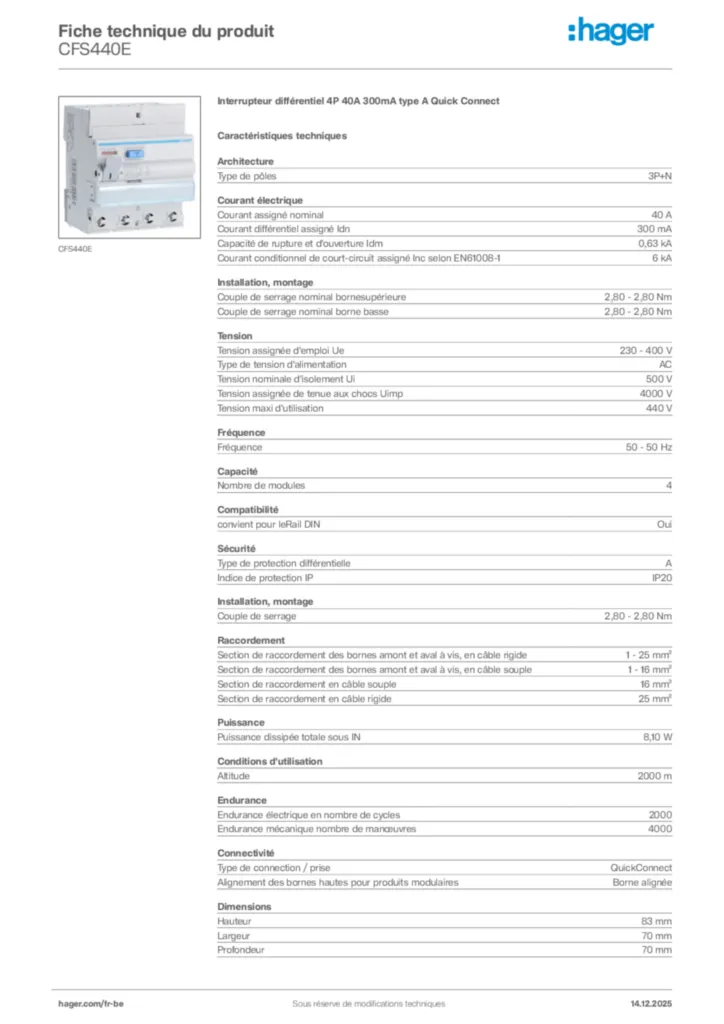 Image Hager Fiche technique du produit CFS440E | Hager Belgique