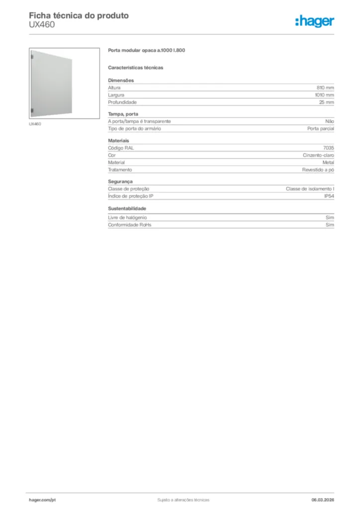 Imagem Hager Ficha técnica do produto UX460 | Hager Portugal