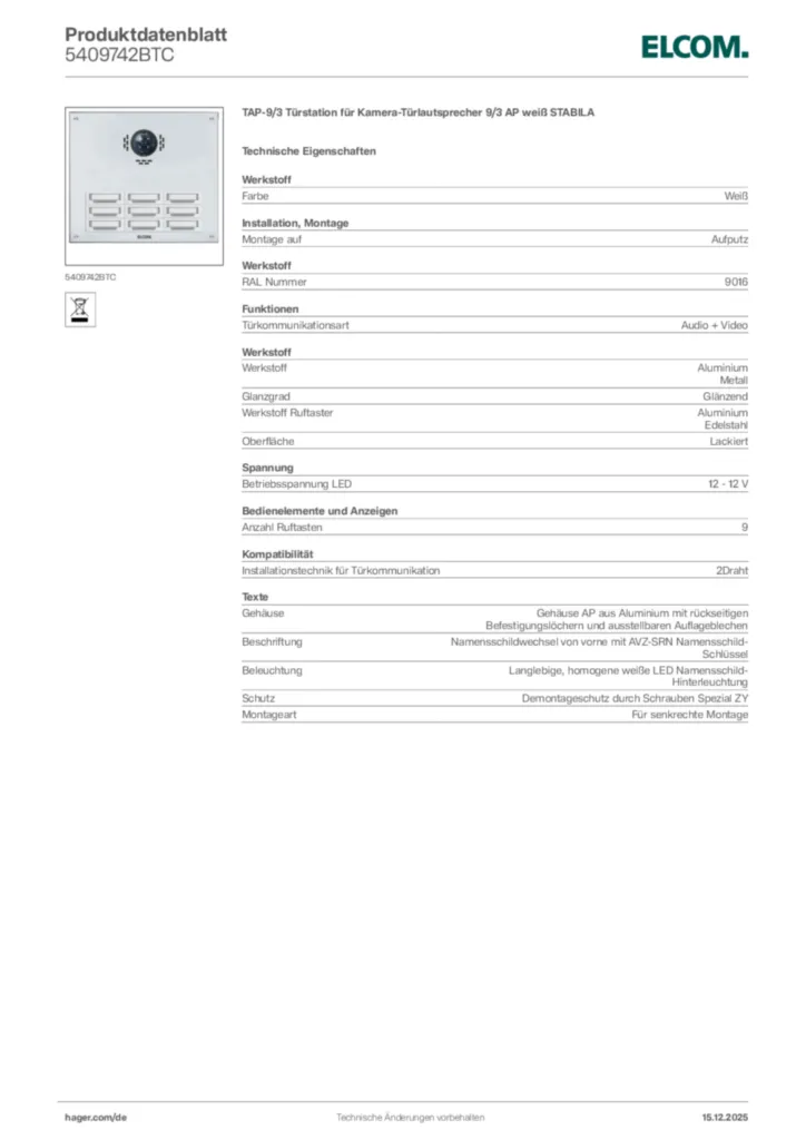 Bild Elcom Produktdatenblatt 5409742BTC | Hager Deutschland