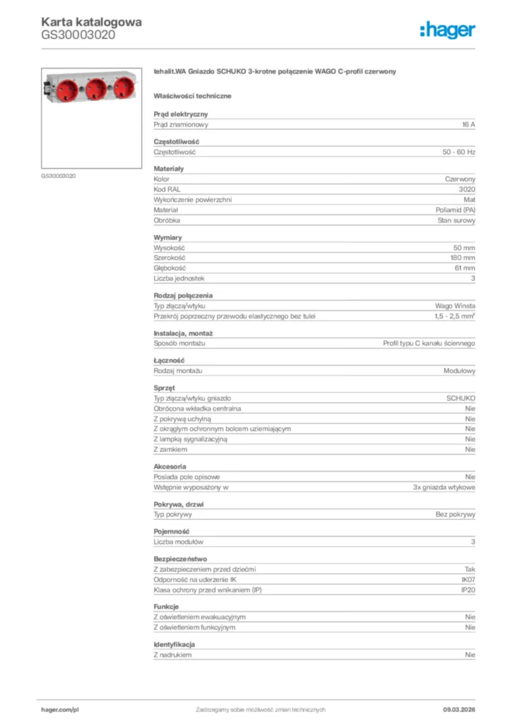 Zdjęcie Hager Karta katalogowa GS30003020 | Hager Polska