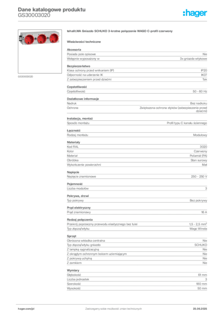 Zdjęcie Hager Karta katalogowa GS30003020 | Hager Polska