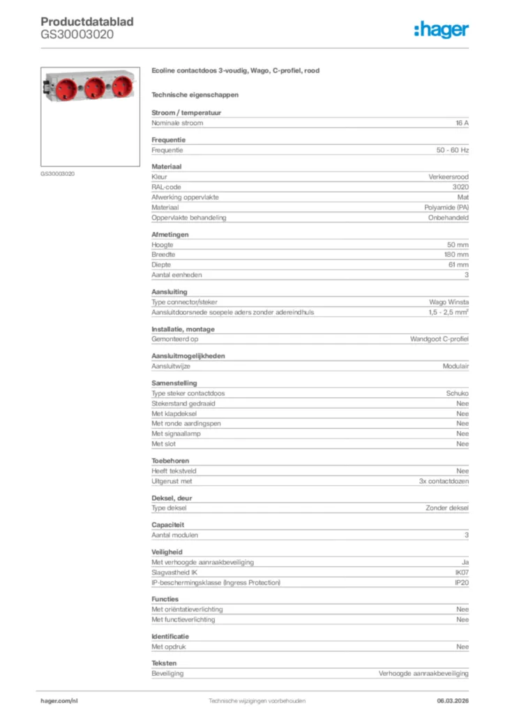 Afbeelding Hager Productdatablad GS30003020 | Hager Nederland